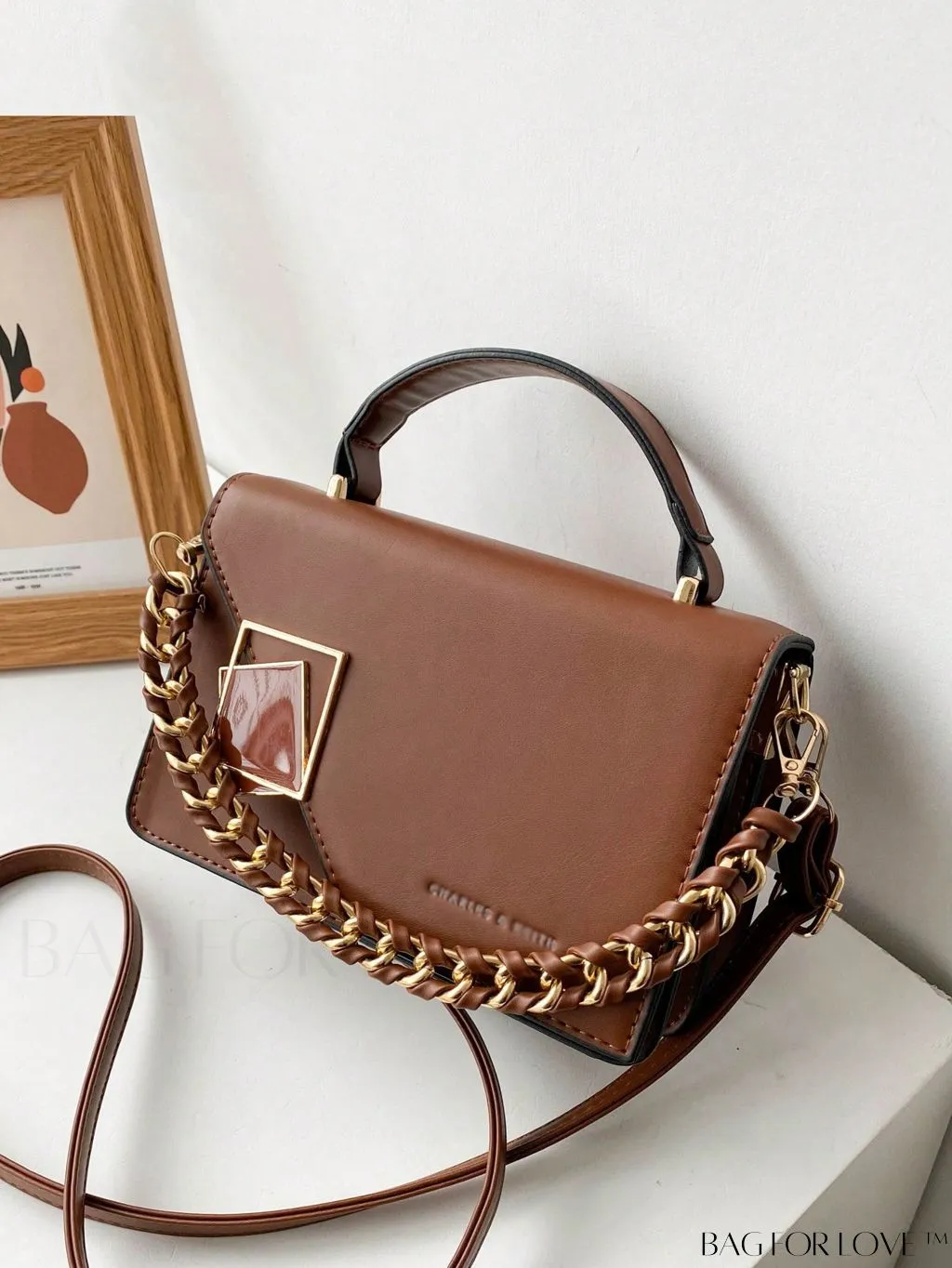 BagForLove - Chic Flap Top Handle Mini Square Bag with Metal Chain Accents