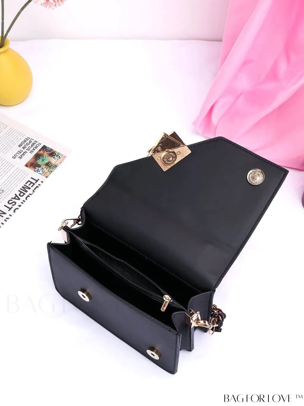 BagForLove - Chic Flap Top Handle Mini Square Bag with Metal Chain Accents