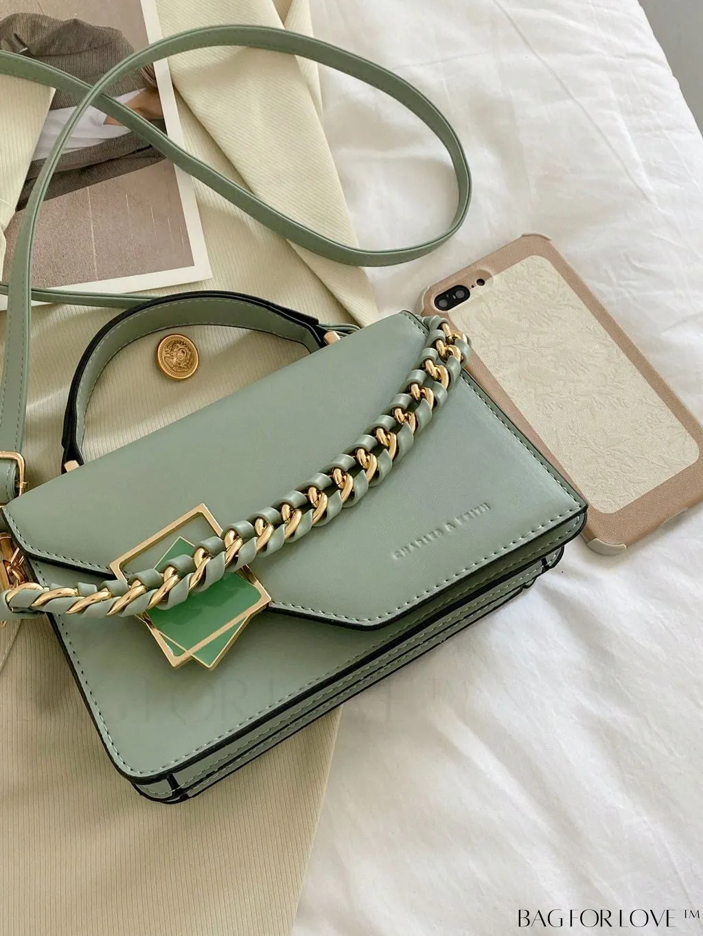 BagForLove - Chic Flap Top Handle Mini Square Bag with Metal Chain Accents