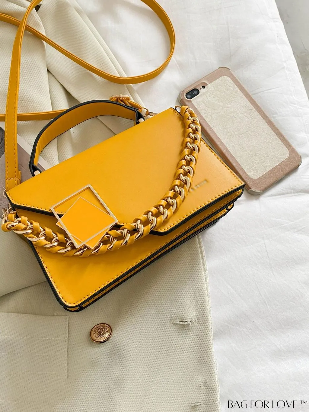 BagForLove - Chic Flap Top Handle Mini Square Bag with Metal Chain Accents