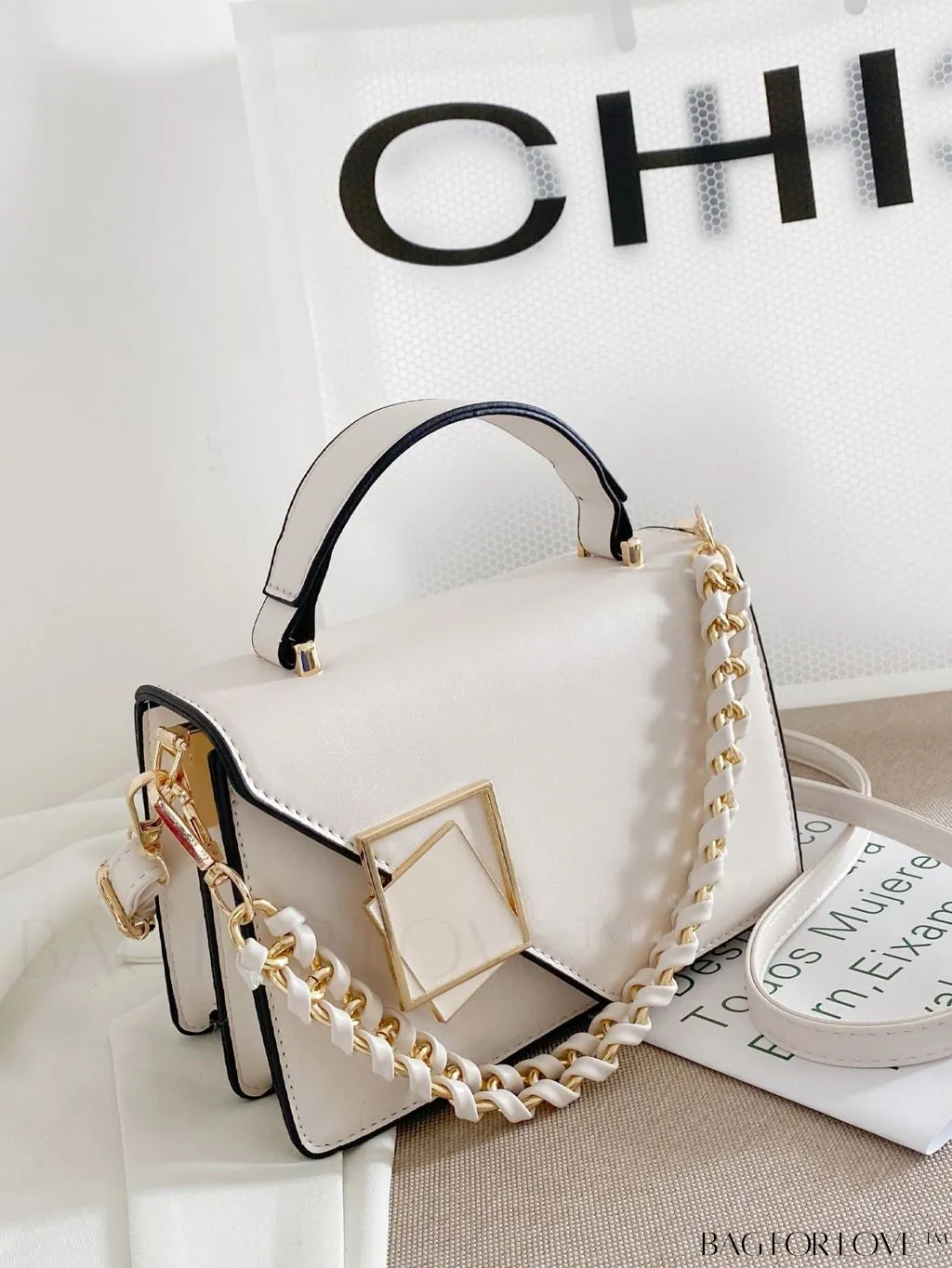 BagForLove - Chic Flap Top Handle Mini Square Bag with Metal Chain Accents