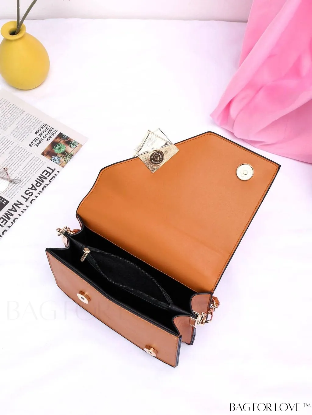 BagForLove - Chic Flap Top Handle Mini Square Bag with Metal Chain Accents