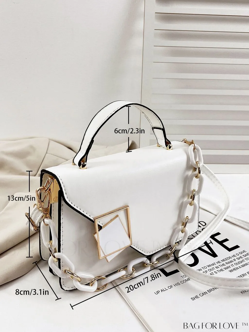 BagForLove - Chic Flap Top Handle Mini Square Bag with Metal Chain Accents