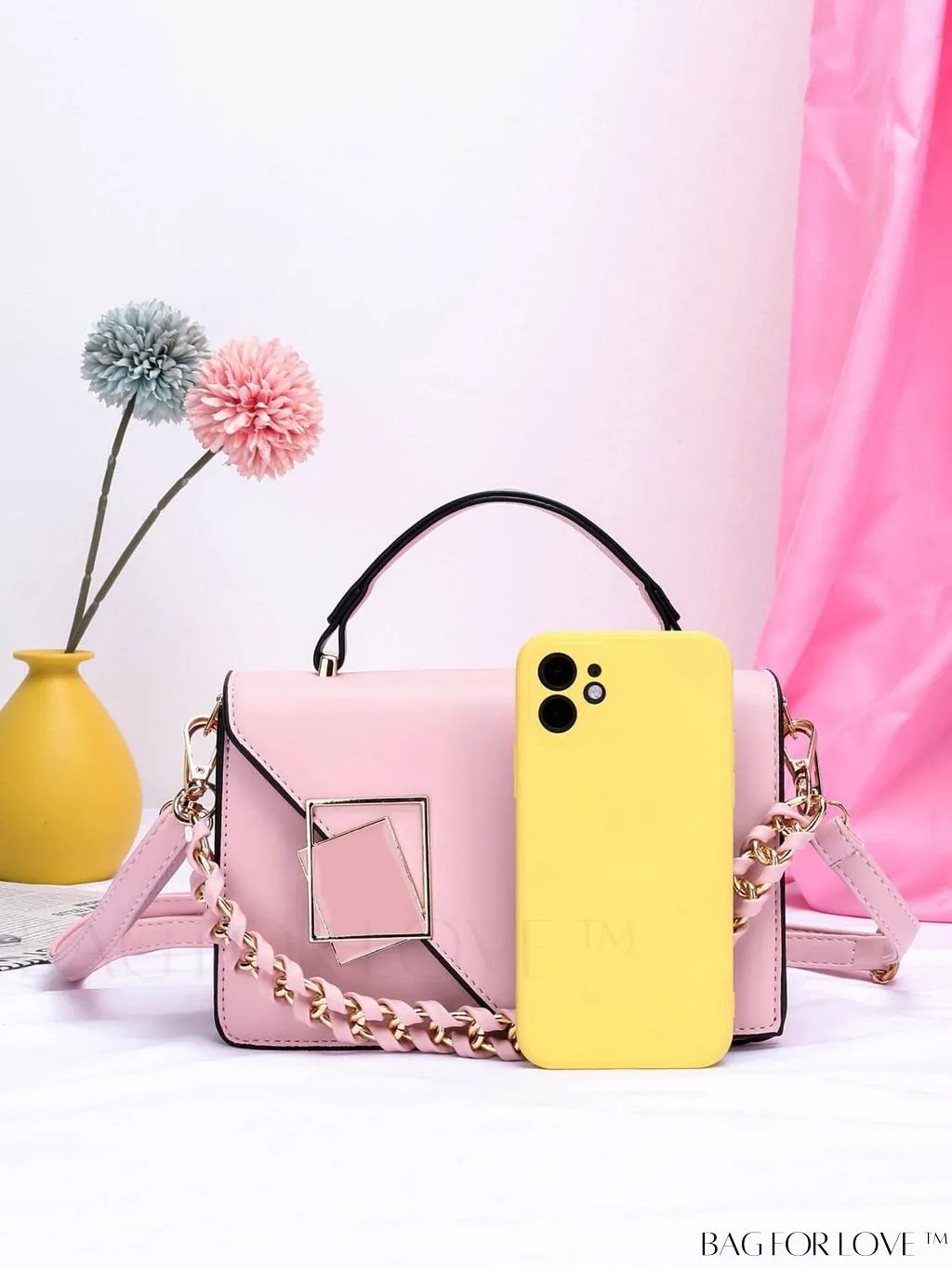 BagForLove - Chic Flap Top Handle Mini Square Bag with Metal Chain Accents