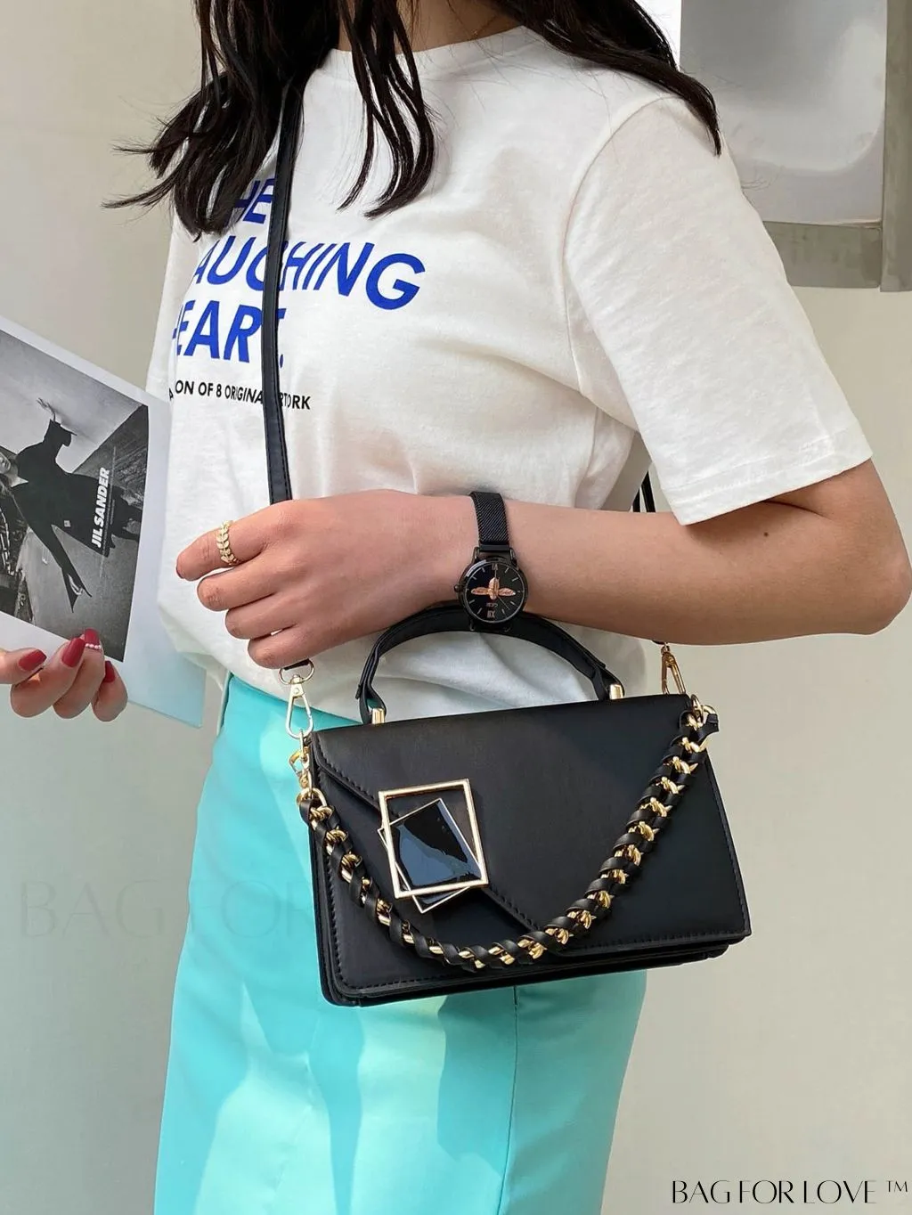 BagForLove - Chic Flap Top Handle Mini Square Bag with Metal Chain Accents