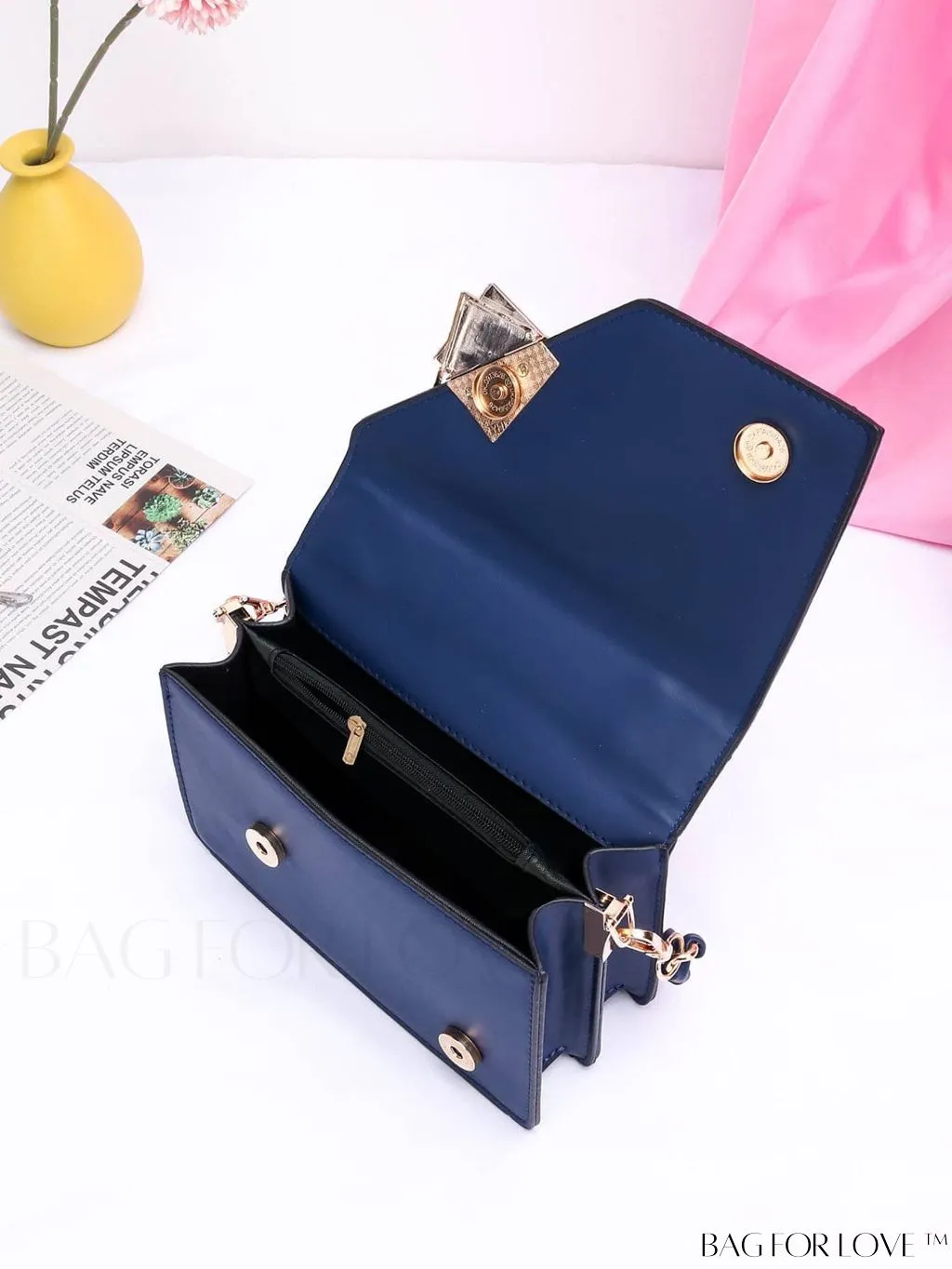 BagForLove - Chic Flap Top Handle Mini Square Bag with Metal Chain Accents