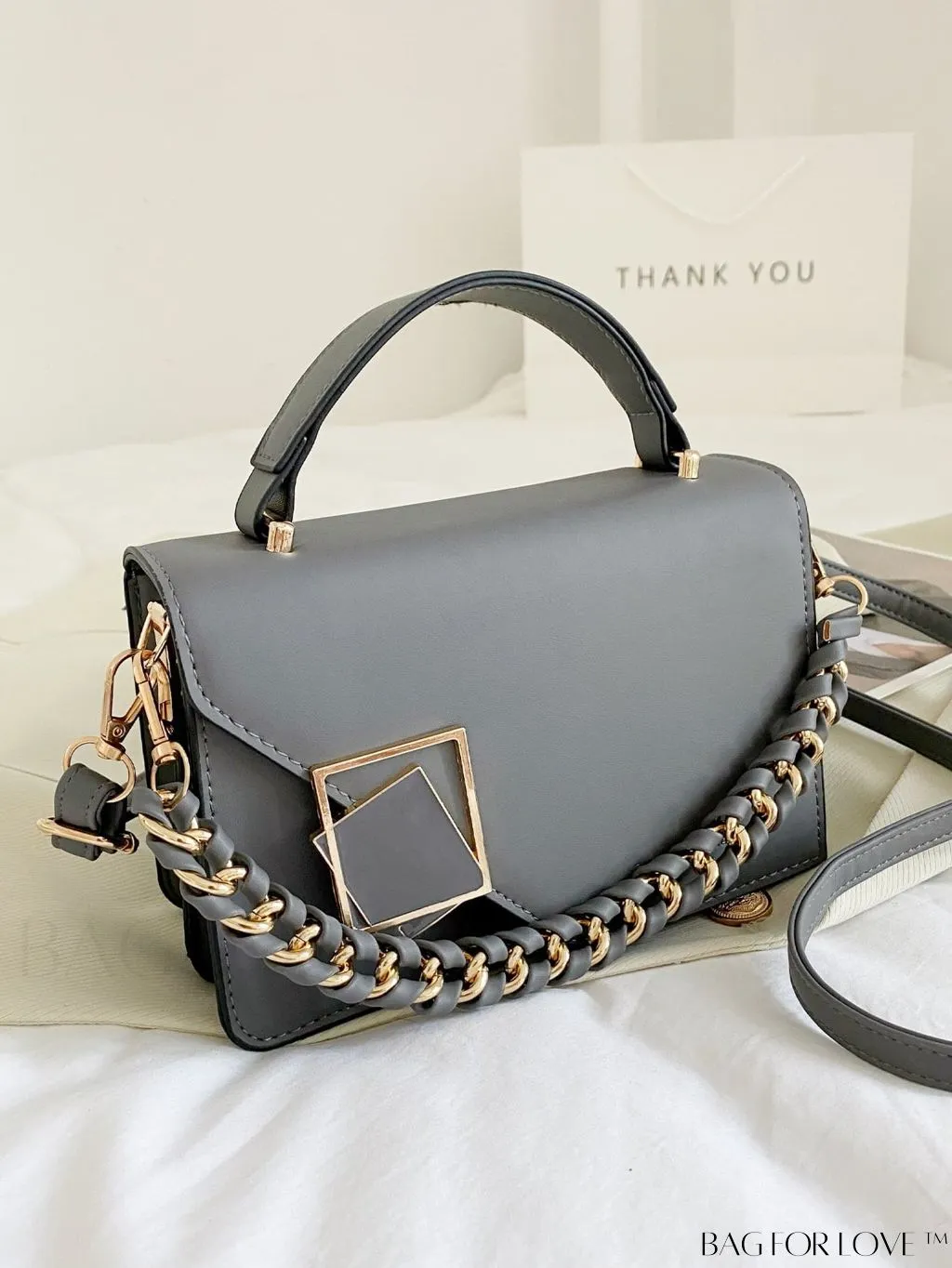 BagForLove - Chic Flap Top Handle Mini Square Bag with Metal Chain Accents