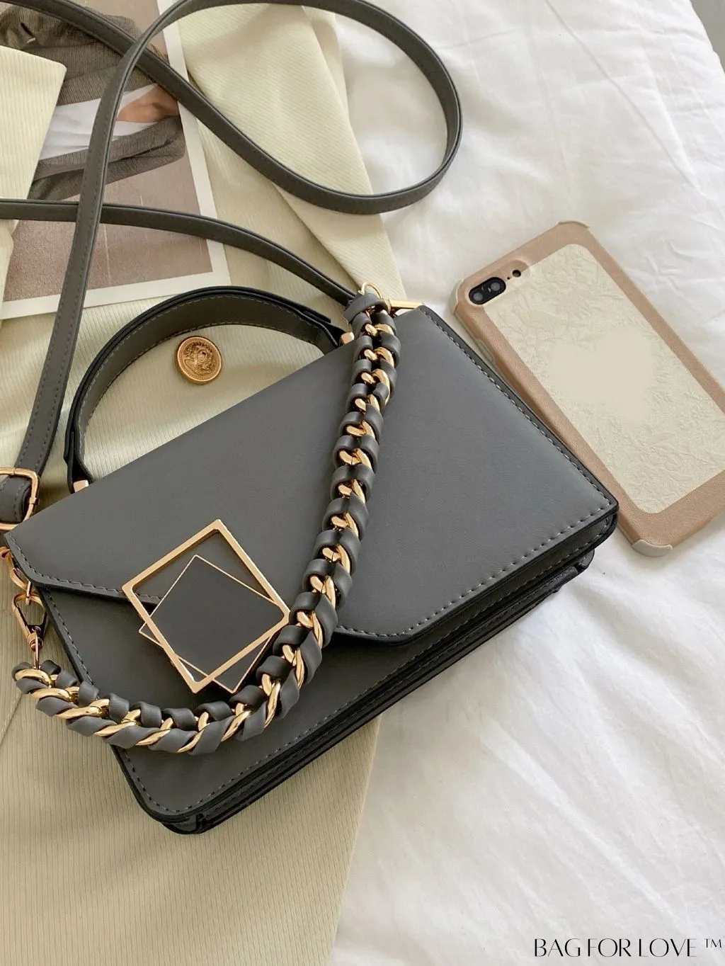 BagForLove - Chic Flap Top Handle Mini Square Bag with Metal Chain Accents