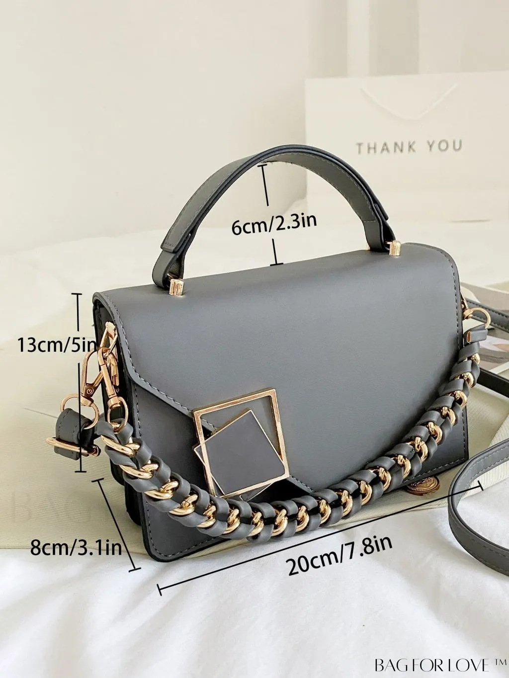 BagForLove - Chic Flap Top Handle Mini Square Bag with Metal Chain Accents