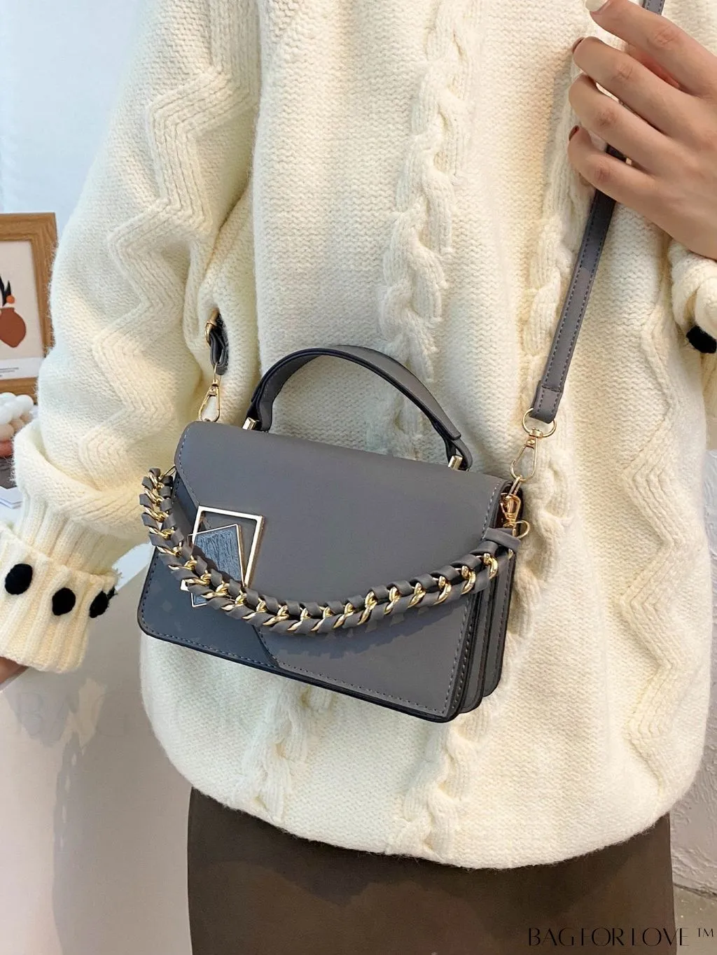 BagForLove - Chic Flap Top Handle Mini Square Bag with Metal Chain Accents