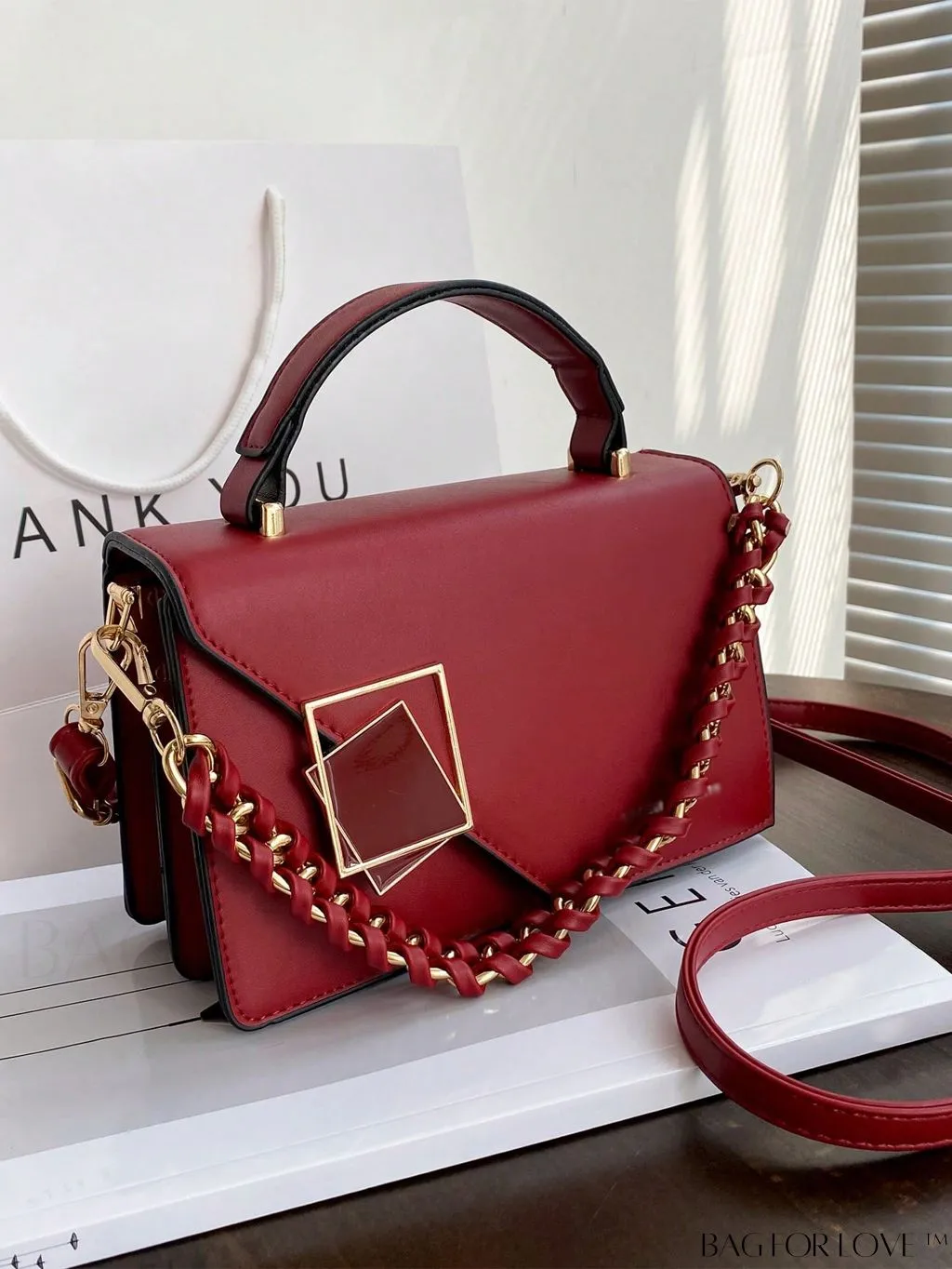 BagForLove - Chic Flap Top Handle Mini Square Bag with Metal Chain Accents