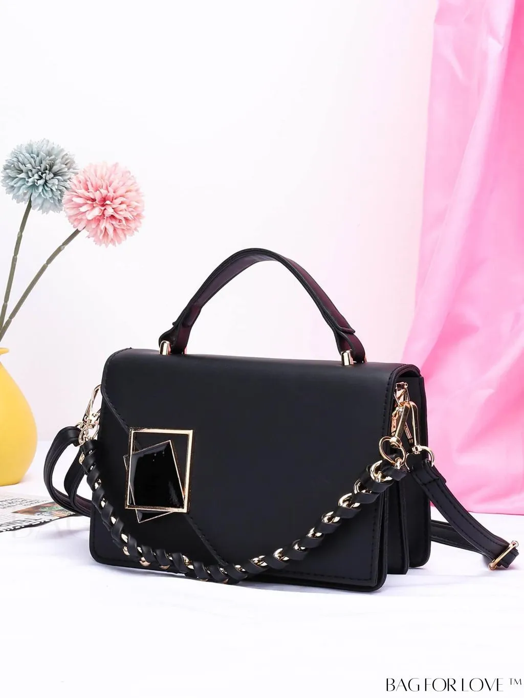 BagForLove - Chic Flap Top Handle Mini Square Bag with Metal Chain Accents