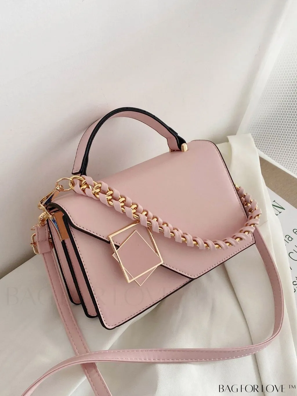 BagForLove - Chic Flap Top Handle Mini Square Bag with Metal Chain Accents