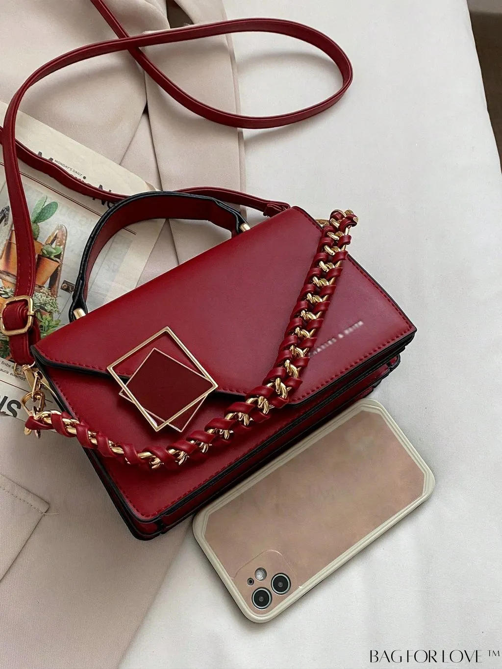 BagForLove - Chic Flap Top Handle Mini Square Bag with Metal Chain Accents