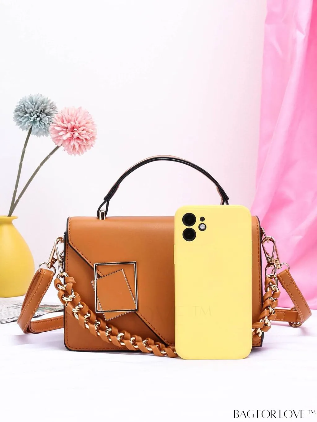 BagForLove - Chic Flap Top Handle Mini Square Bag with Metal Chain Accents