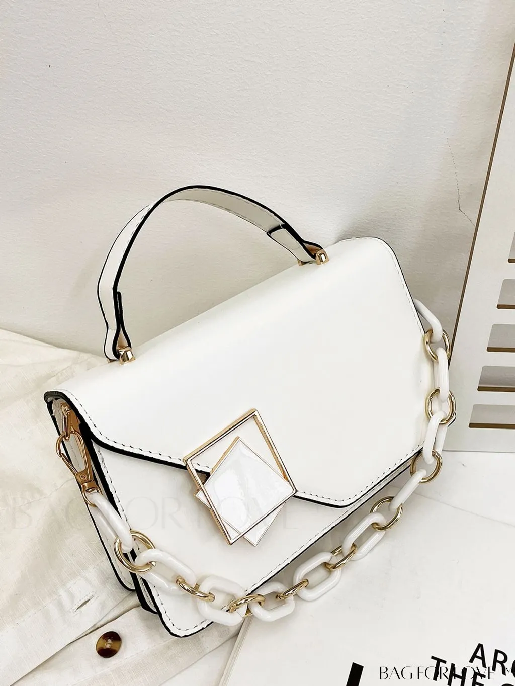 BagForLove - Chic Flap Top Handle Mini Square Bag with Metal Chain Accents