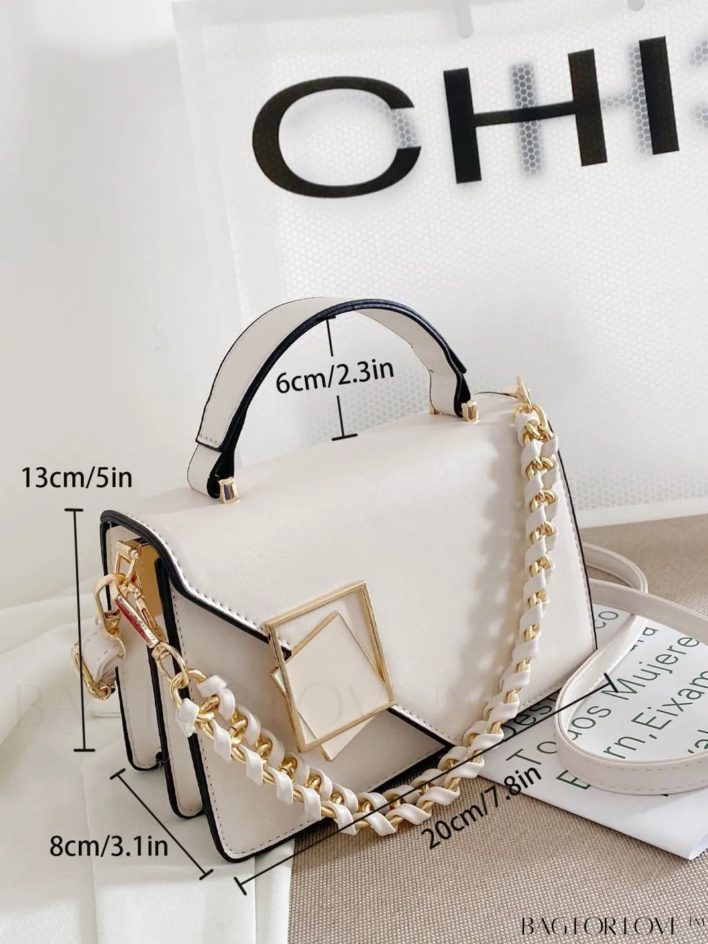 BagForLove - Chic Flap Top Handle Mini Square Bag with Metal Chain Accents