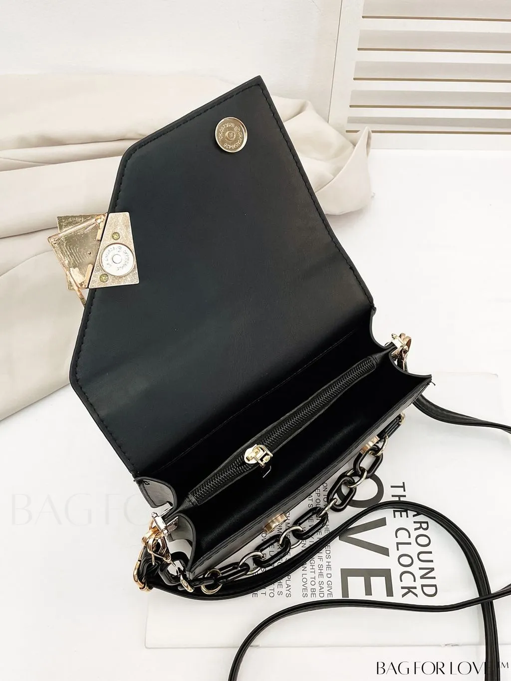 BagForLove - Chic Flap Top Handle Mini Square Bag with Metal Chain Accents
