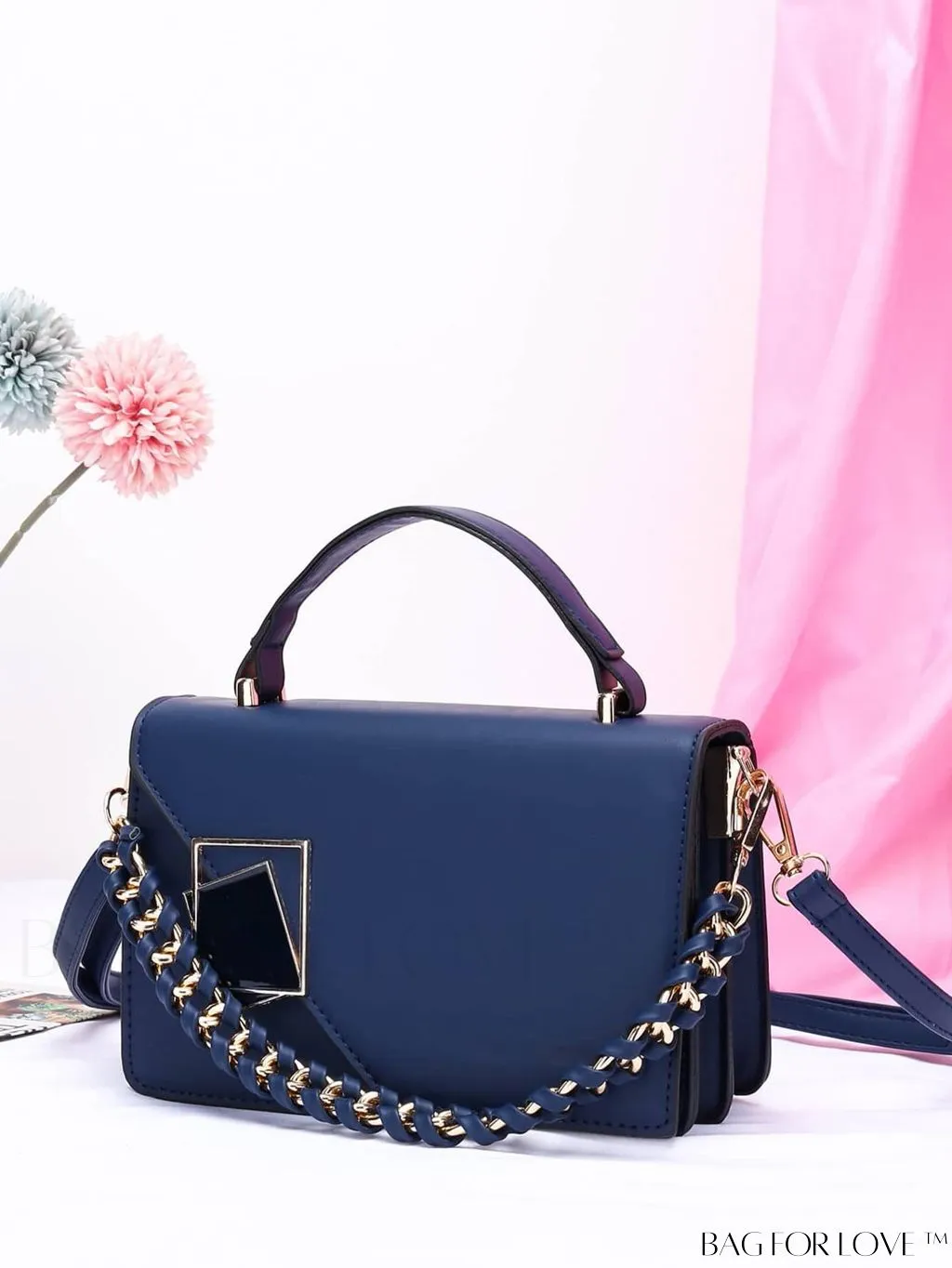 BagForLove - Chic Flap Top Handle Mini Square Bag with Metal Chain Accents