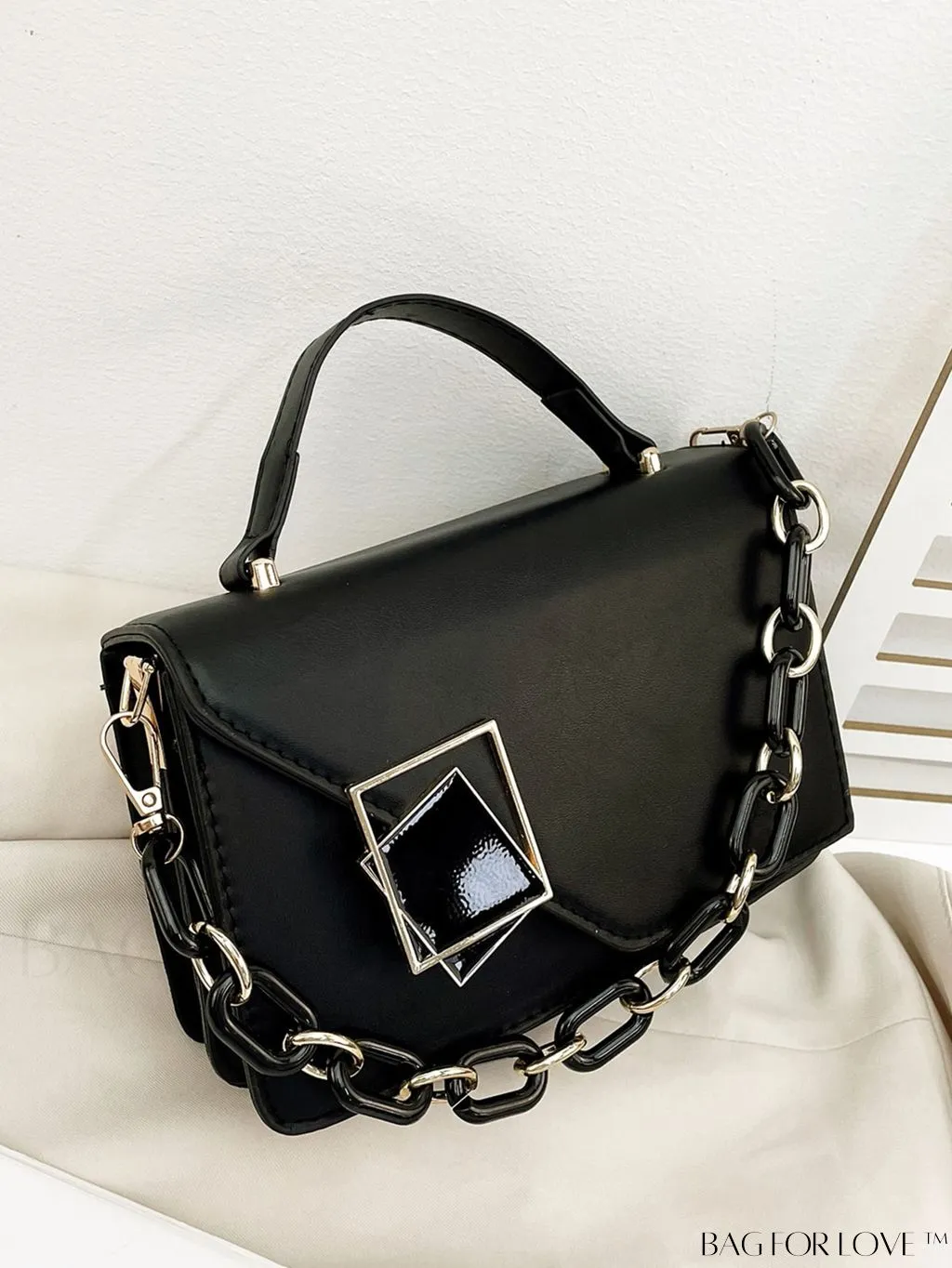 BagForLove - Chic Flap Top Handle Mini Square Bag with Metal Chain Accents