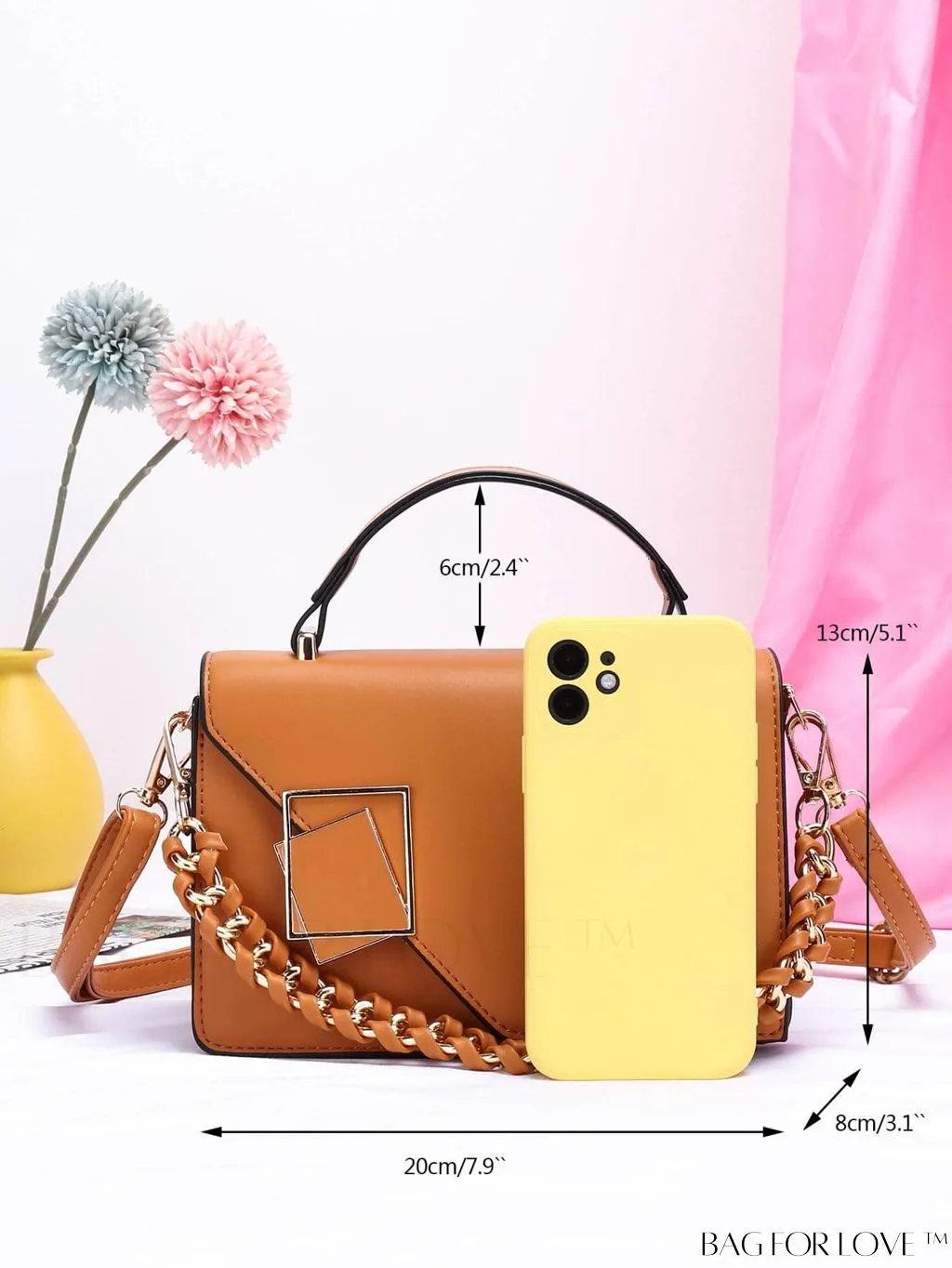BagForLove - Chic Flap Top Handle Mini Square Bag with Metal Chain Accents