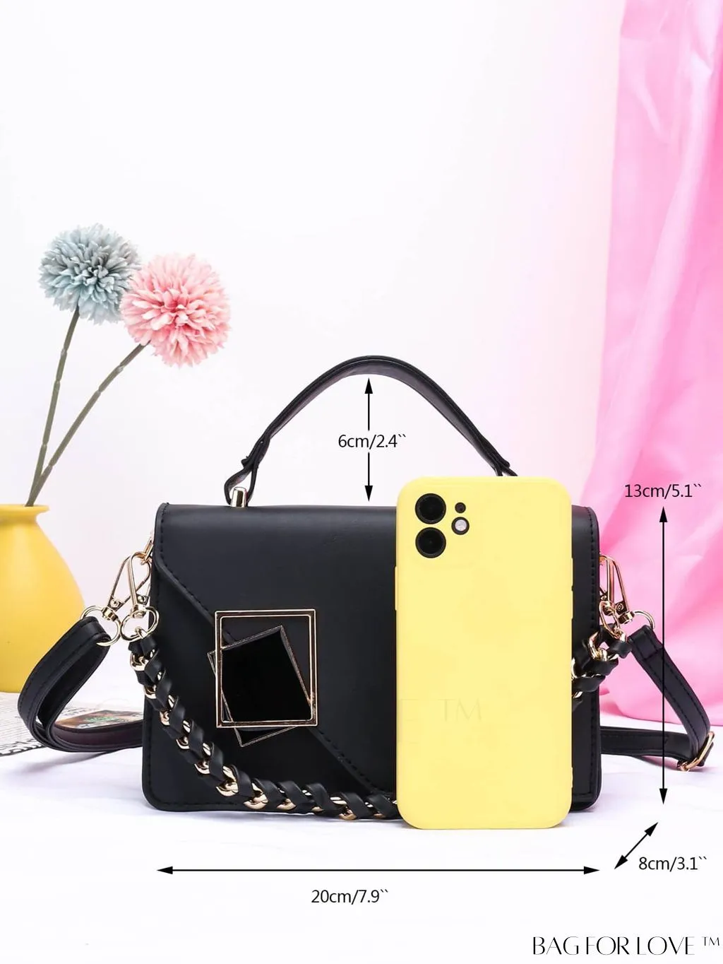 BagForLove - Chic Flap Top Handle Mini Square Bag with Metal Chain Accents