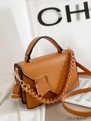 BagForLove - Chic Flap Top Handle Mini Square Bag with Metal Chain Accents