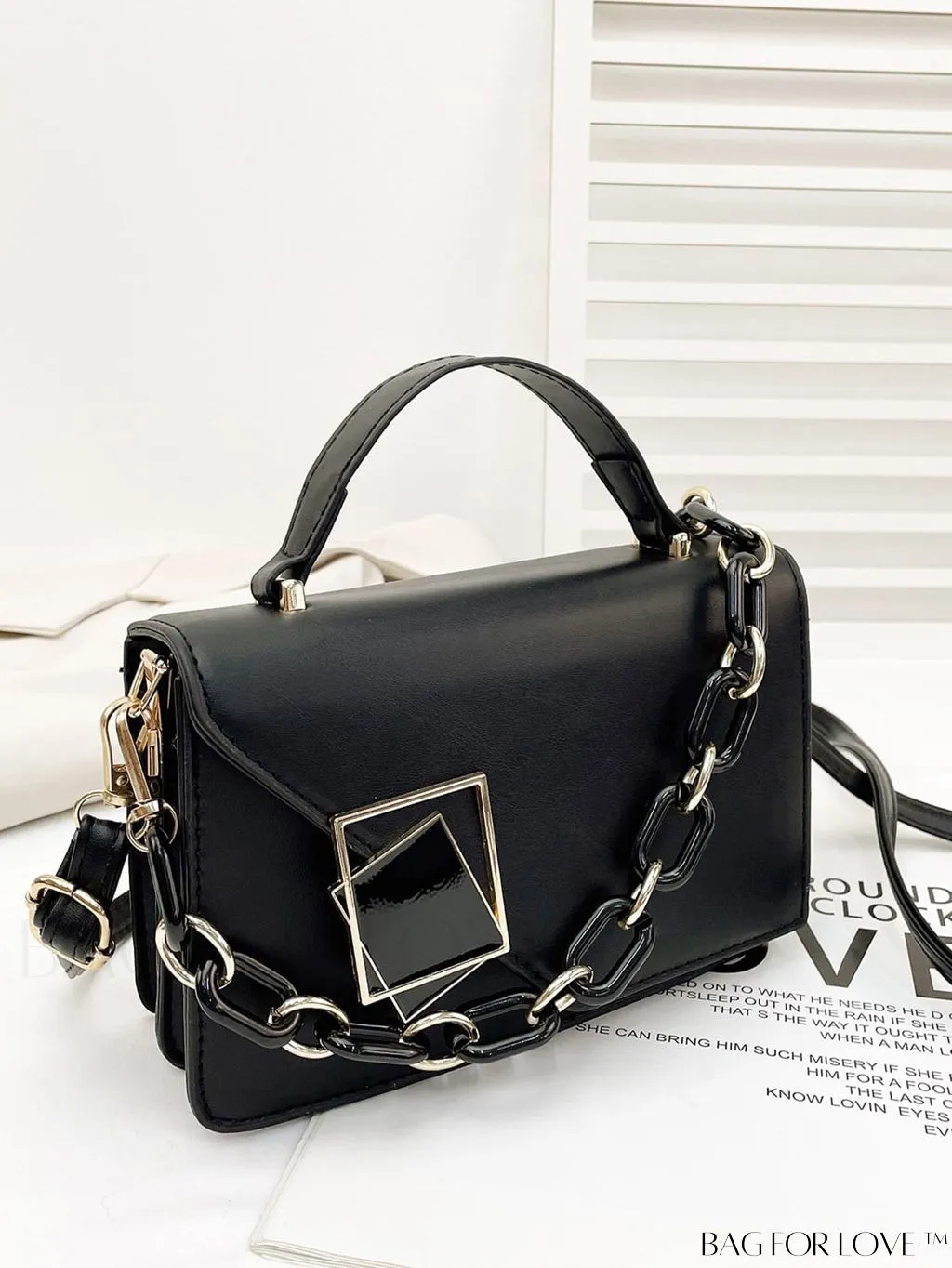 BagForLove - Chic Flap Top Handle Mini Square Bag with Metal Chain Accents