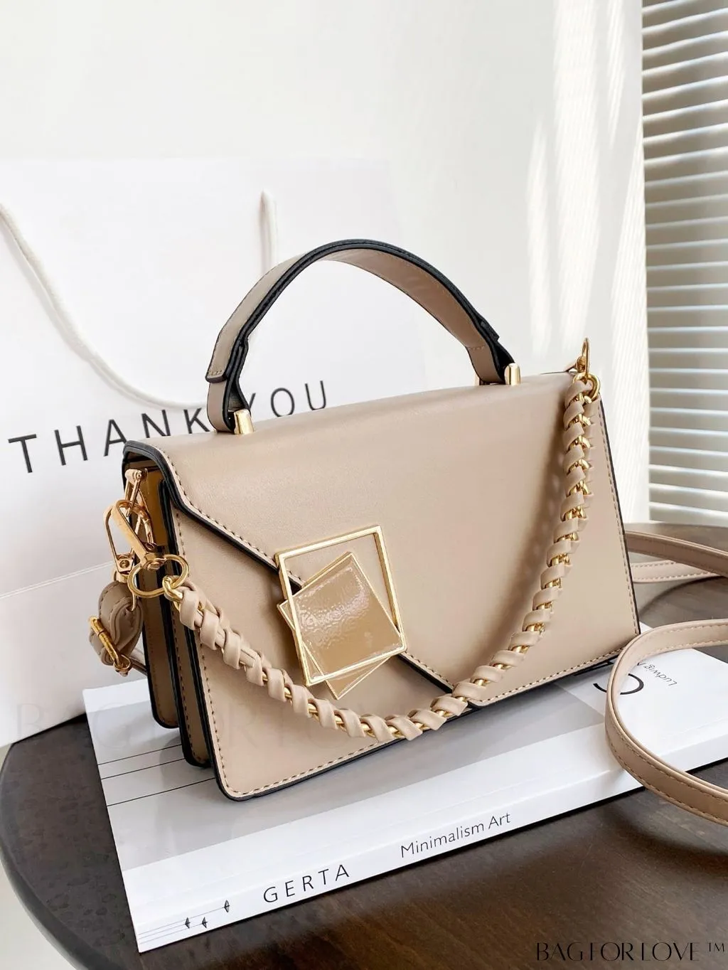 BagForLove - Chic Flap Top Handle Mini Square Bag with Metal Chain Accents