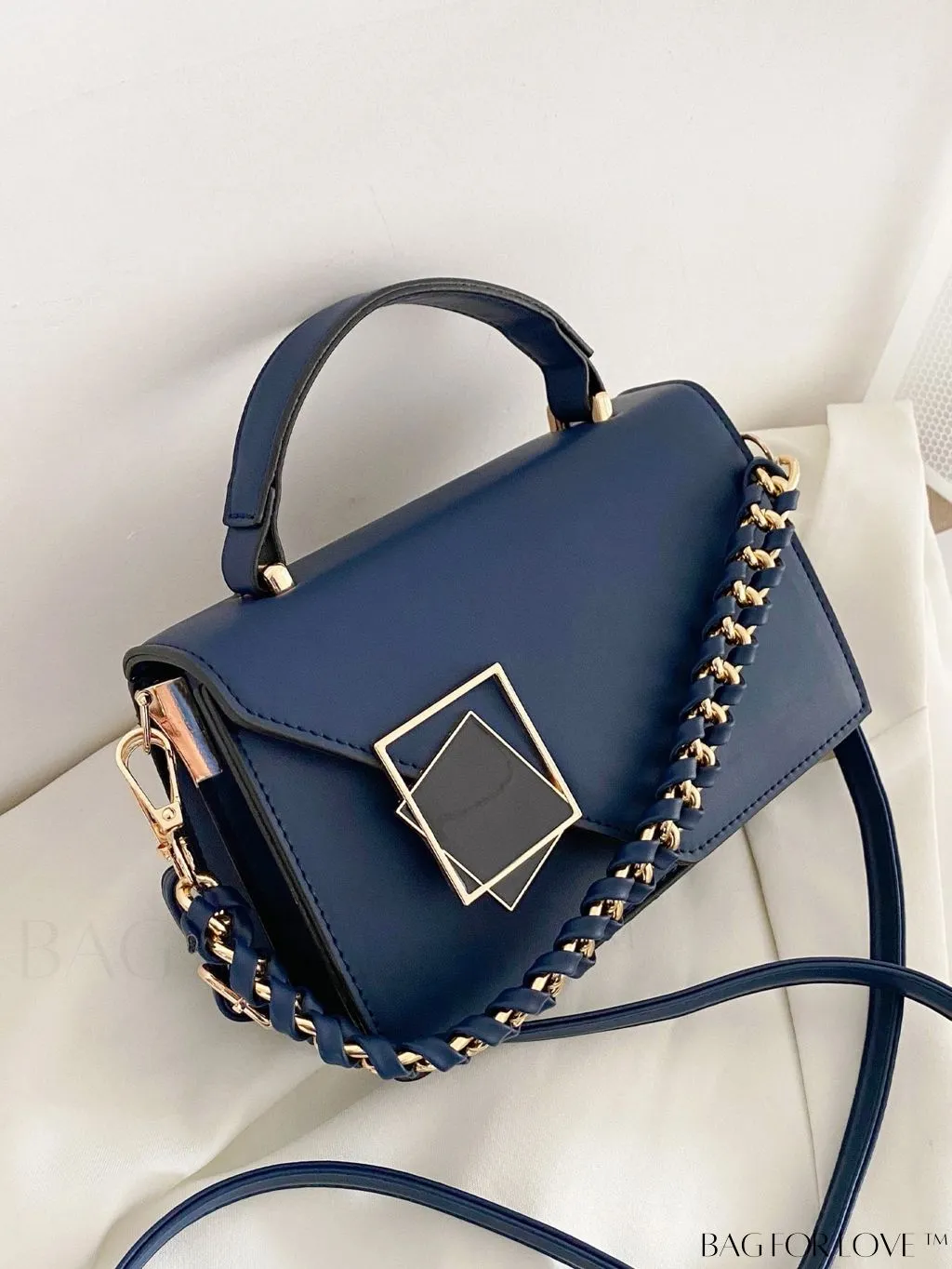 BagForLove - Chic Flap Top Handle Mini Square Bag with Metal Chain Accents
