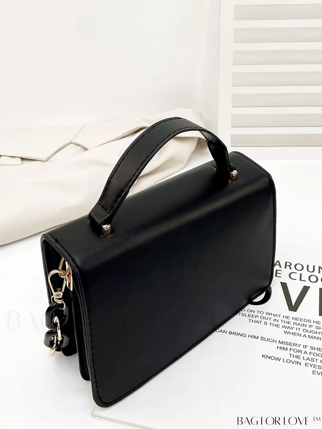 BagForLove - Chic Flap Top Handle Mini Square Bag with Metal Chain Accents