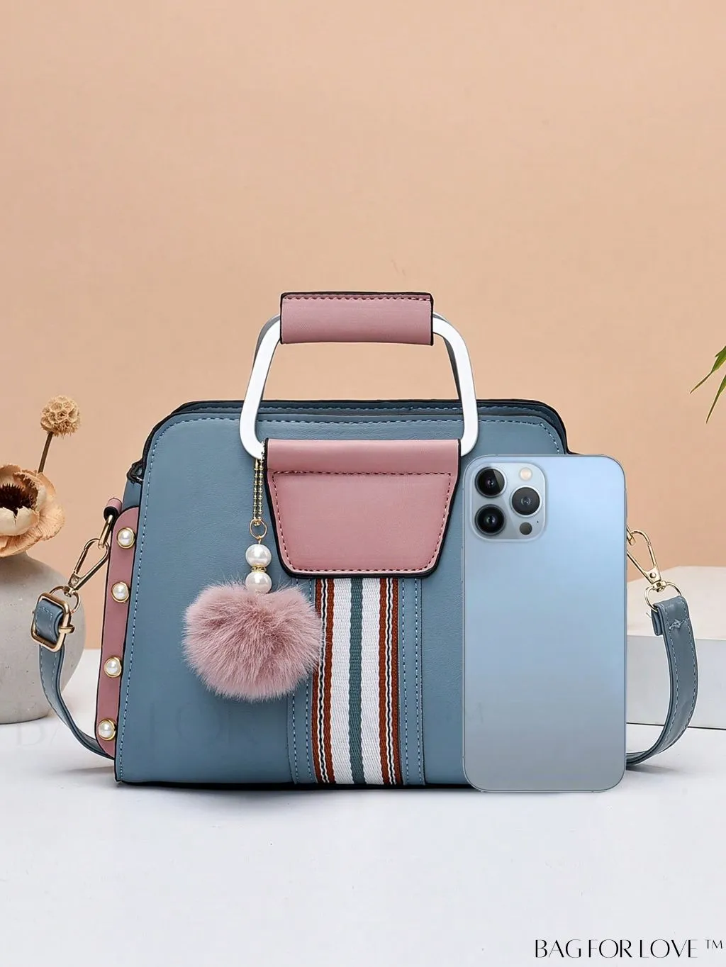 BagForLove - Striped Panel Satchel Bag: Stylish Accessory with Faux Pearl & Pom-pom Decor - Ideal Mothers Day Gift