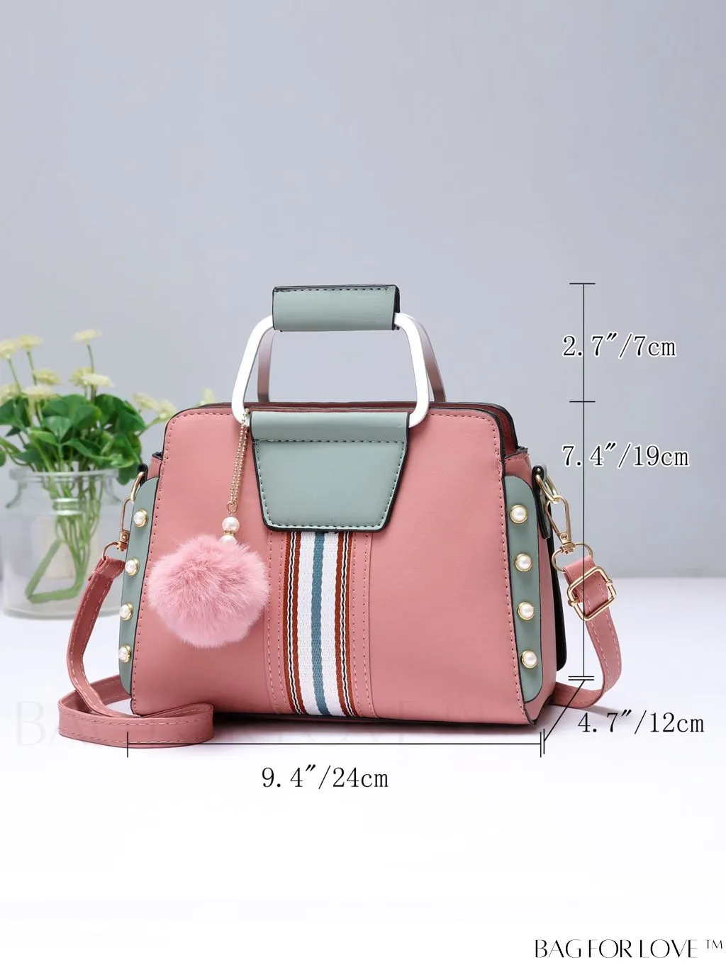 BagForLove - Striped Panel Satchel Bag: Stylish Accessory with Faux Pearl & Pom-pom Decor - Ideal Mothers Day Gift