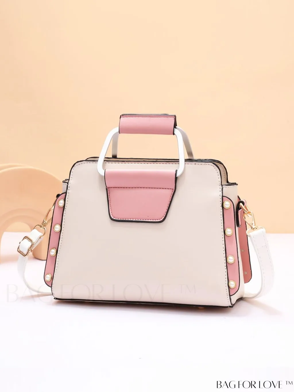 BagForLove - Striped Panel Satchel Bag: Stylish Accessory with Faux Pearl & Pom-pom Decor - Ideal Mothers Day Gift