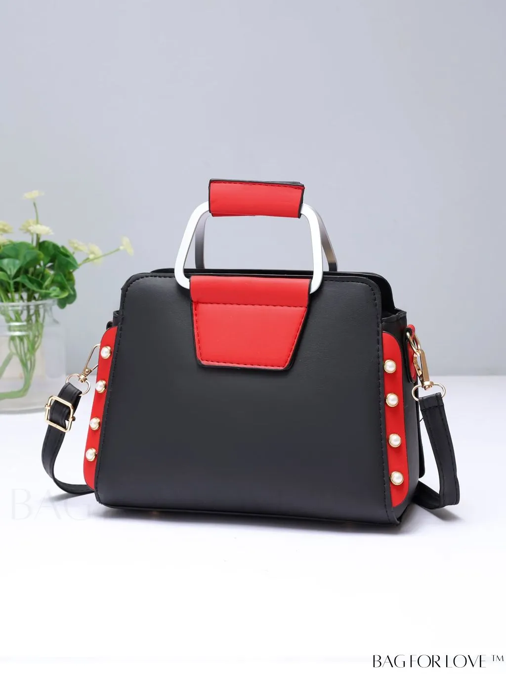BagForLove - Striped Panel Satchel Bag: Stylish Accessory with Faux Pearl & Pom-pom Decor - Ideal Mothers Day Gift
