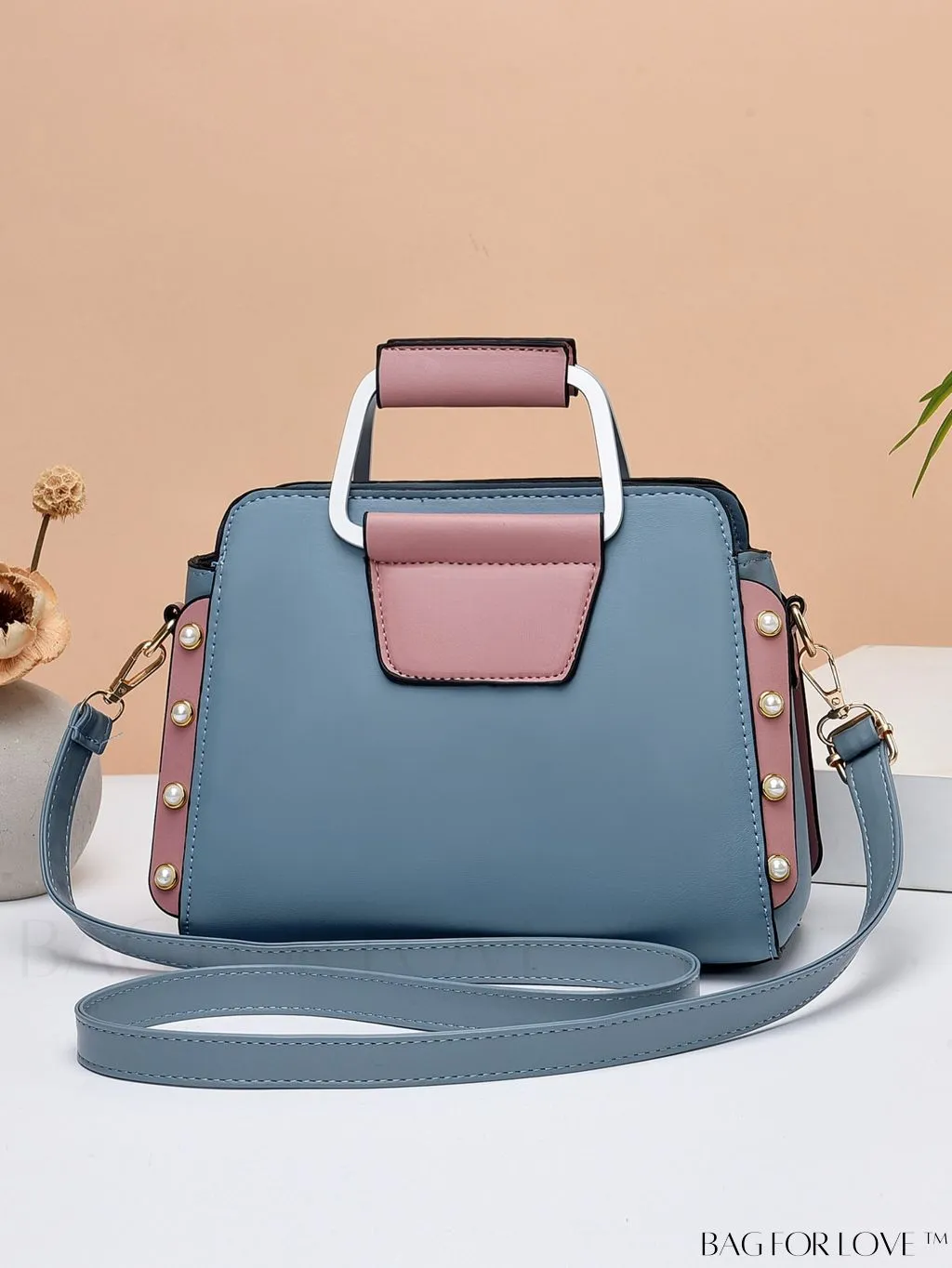 BagForLove - Striped Panel Satchel Bag: Stylish Accessory with Faux Pearl & Pom-pom Decor - Ideal Mothers Day Gift