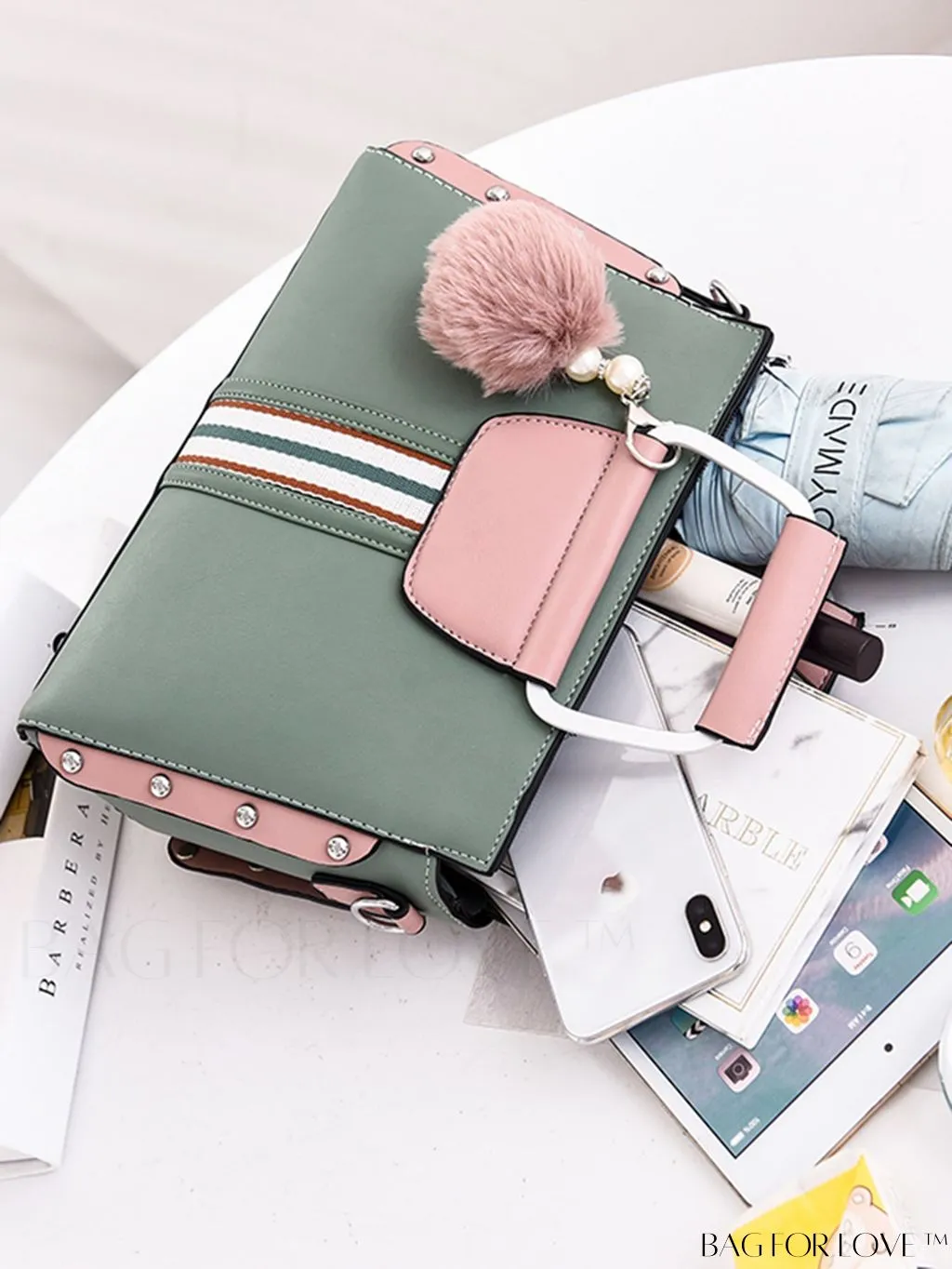 BagForLove - Striped Panel Satchel Bag: Stylish Accessory with Faux Pearl & Pom-pom Decor - Ideal Mothers Day Gift