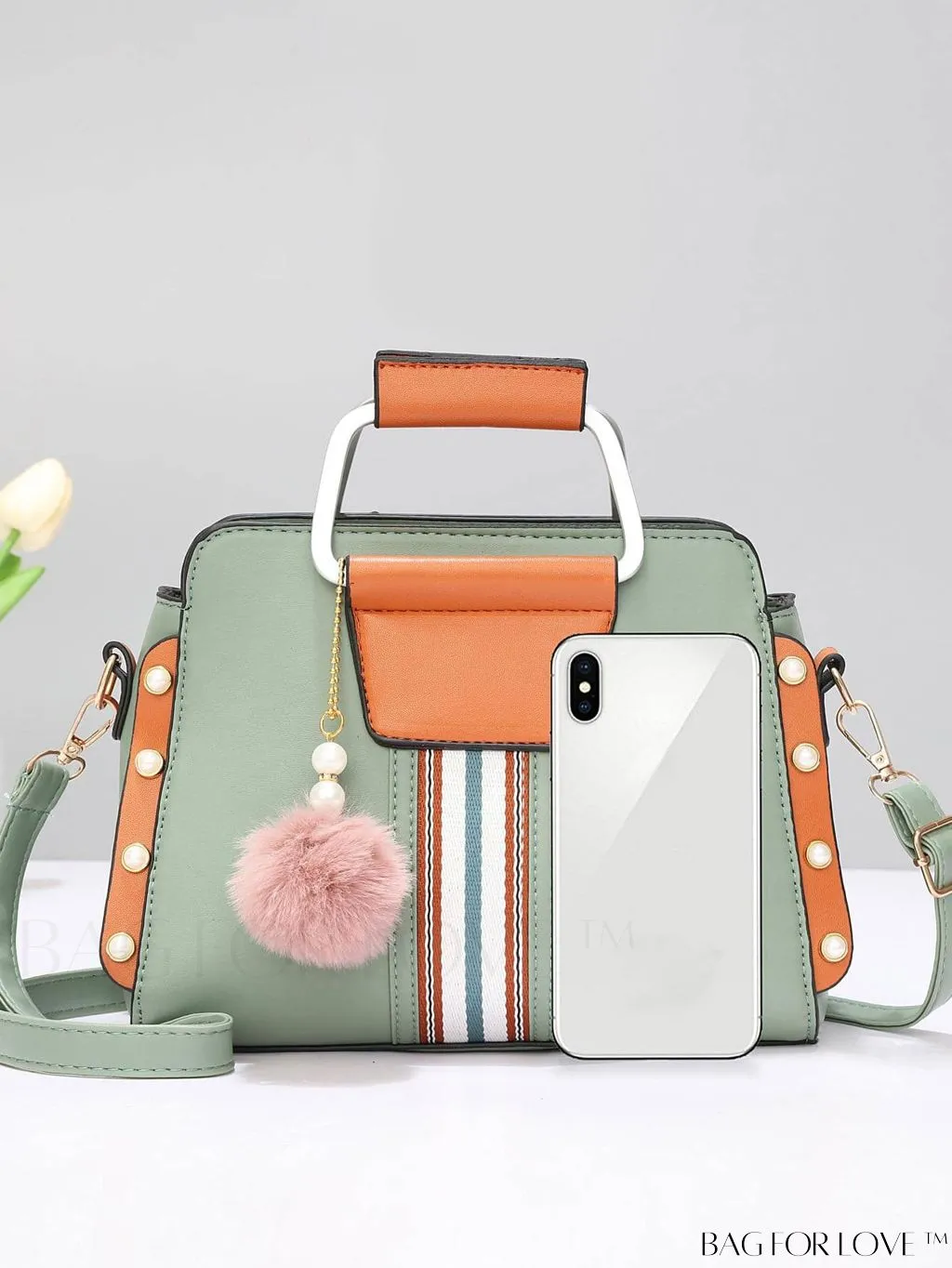 BagForLove - Striped Panel Satchel Bag: Stylish Accessory with Faux Pearl & Pom-pom Decor - Ideal Mothers Day Gift