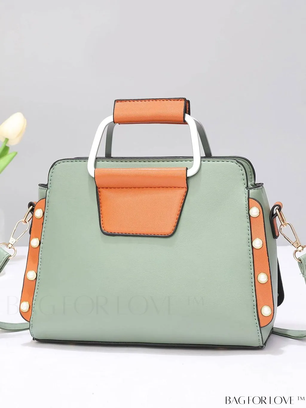 BagForLove - Striped Panel Satchel Bag: Stylish Accessory with Faux Pearl & Pom-pom Decor - Ideal Mothers Day Gift