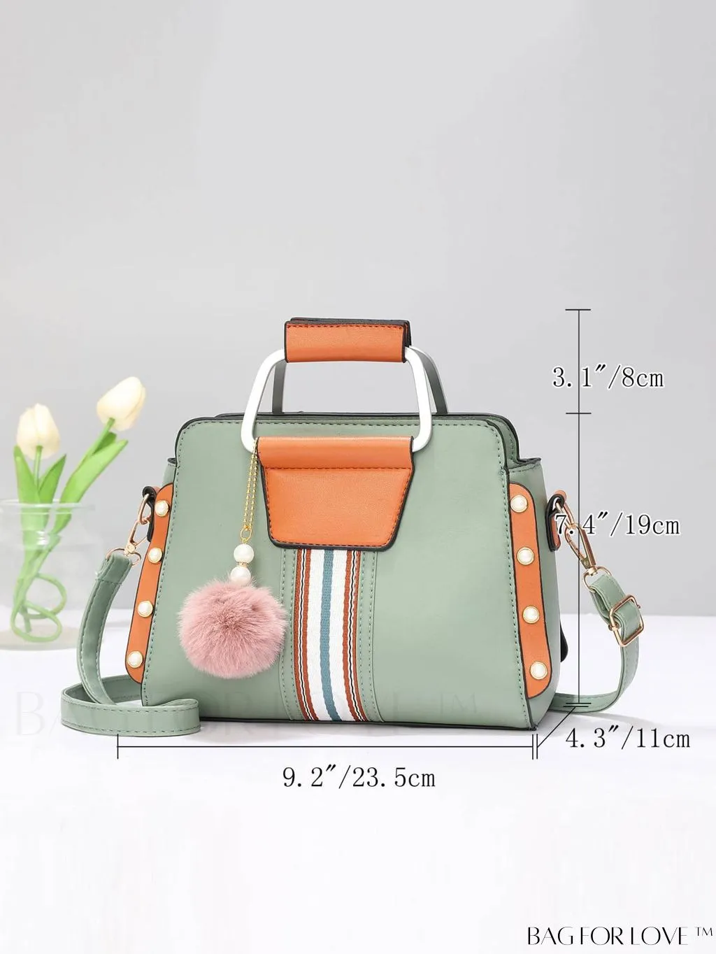 BagForLove - Striped Panel Satchel Bag: Stylish Accessory with Faux Pearl & Pom-pom Decor - Ideal Mothers Day Gift