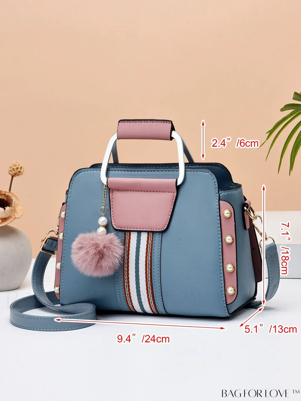 BagForLove - Striped Panel Satchel Bag: Stylish Accessory with Faux Pearl & Pom-pom Decor - Ideal Mothers Day Gift