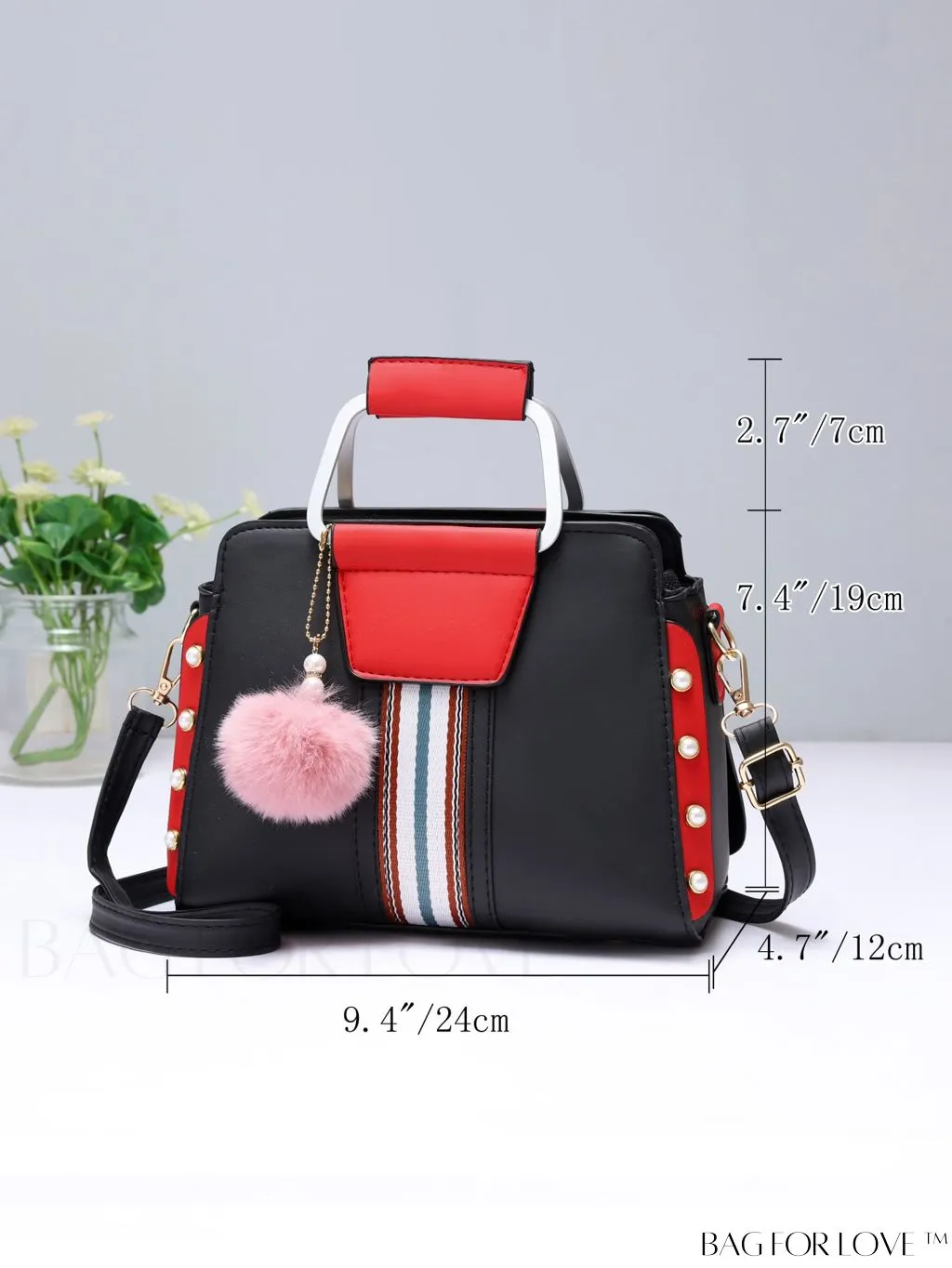 BagForLove - Striped Panel Satchel Bag: Stylish Accessory with Faux Pearl & Pom-pom Decor - Ideal Mothers Day Gift