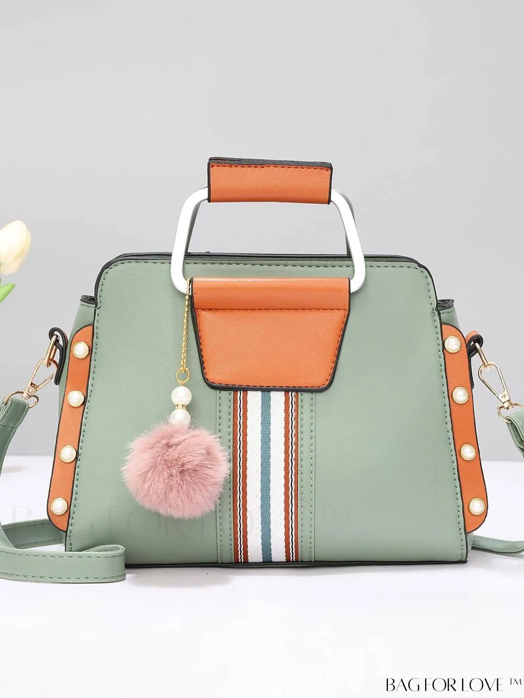 BagForLove - Striped Panel Satchel Bag: Stylish Accessory with Faux Pearl & Pom-pom Decor - Ideal Mothers Day Gift