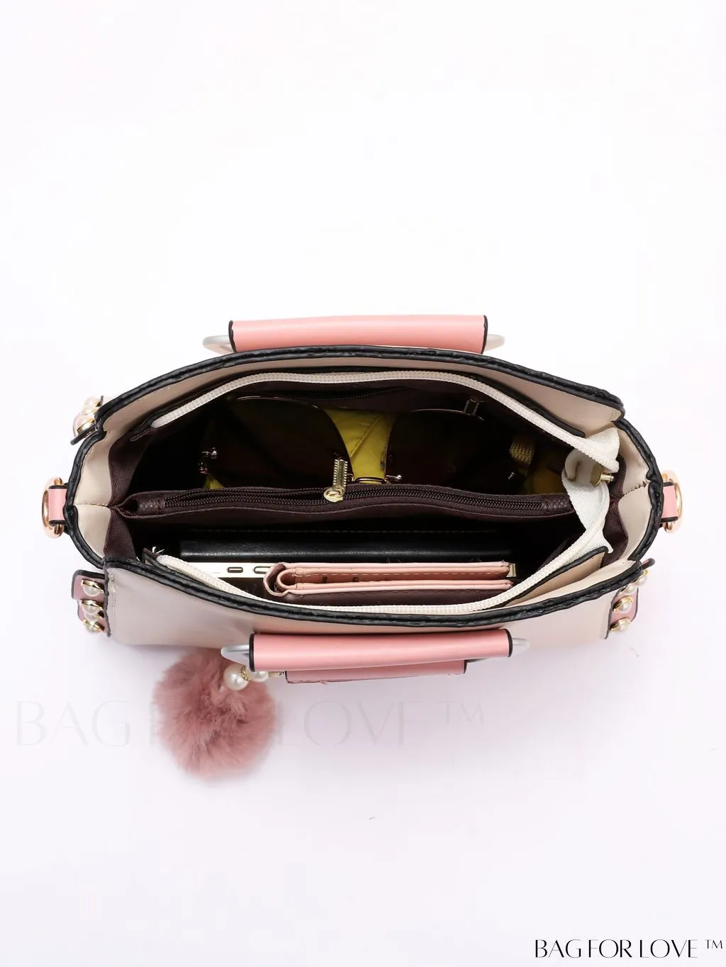 BagForLove - Striped Panel Satchel Bag: Stylish Accessory with Faux Pearl & Pom-pom Decor - Ideal Mothers Day Gift