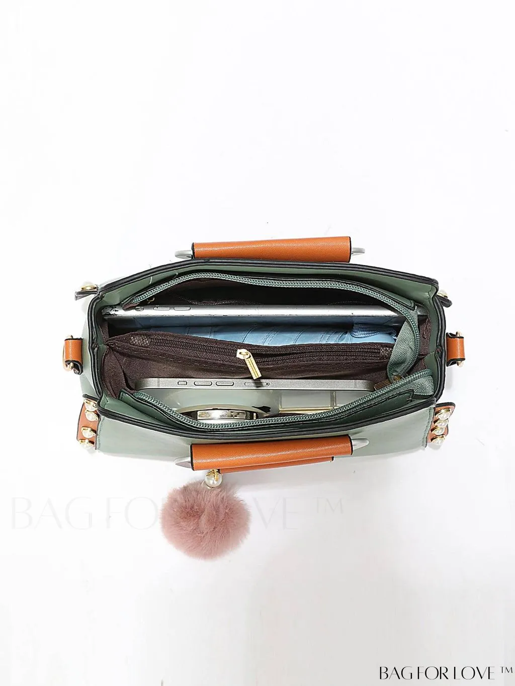 BagForLove - Striped Panel Satchel Bag: Stylish Accessory with Faux Pearl & Pom-pom Decor - Ideal Mothers Day Gift