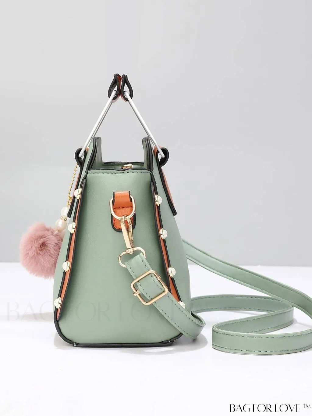BagForLove - Striped Panel Satchel Bag: Stylish Accessory with Faux Pearl & Pom-pom Decor - Ideal Mothers Day Gift