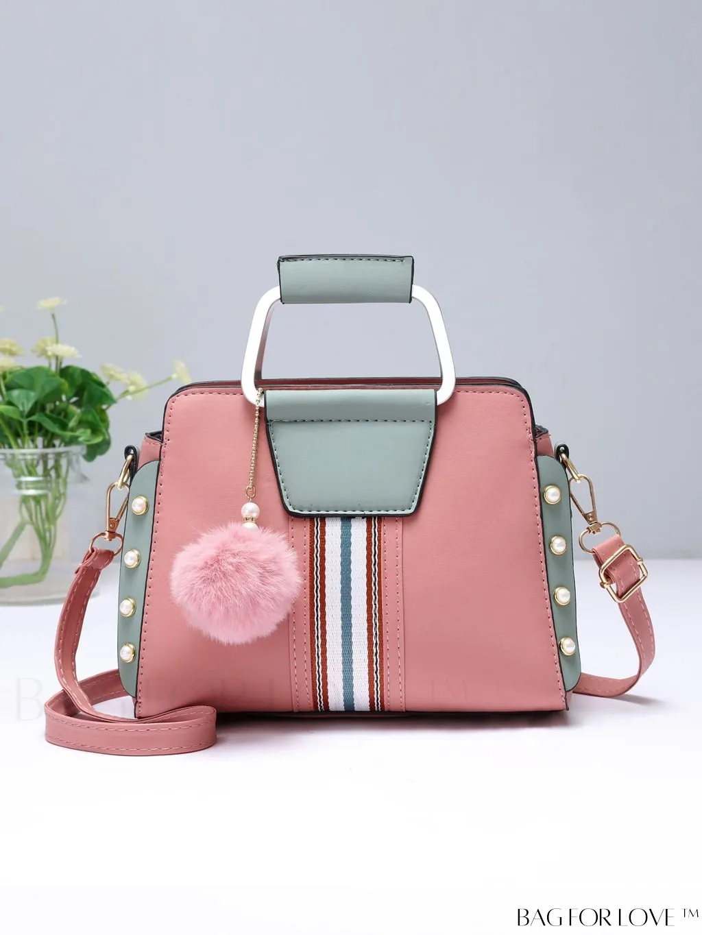 BagForLove - Striped Panel Satchel Bag: Stylish Accessory with Faux Pearl & Pom-pom Decor - Ideal Mothers Day Gift
