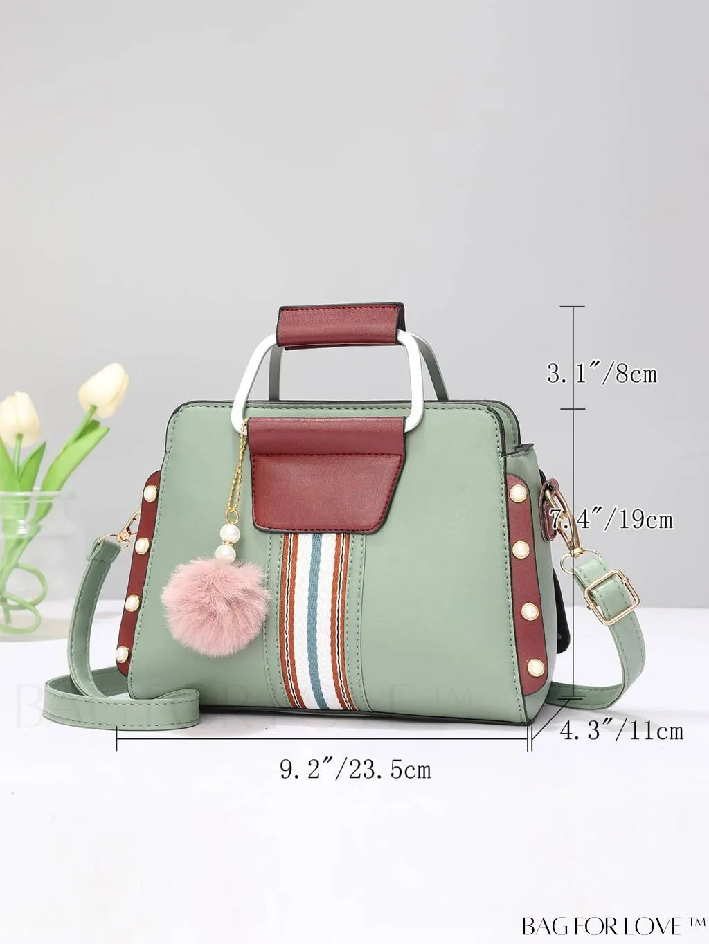 BagForLove - Striped Panel Satchel Bag: Stylish Accessory with Faux Pearl & Pom-pom Decor - Ideal Mothers Day Gift