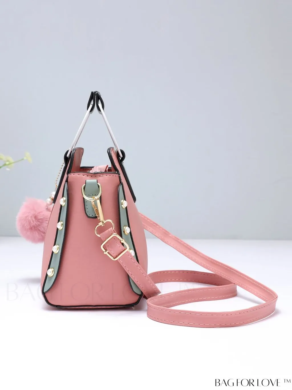 BagForLove - Striped Panel Satchel Bag: Stylish Accessory with Faux Pearl & Pom-pom Decor - Ideal Mothers Day Gift