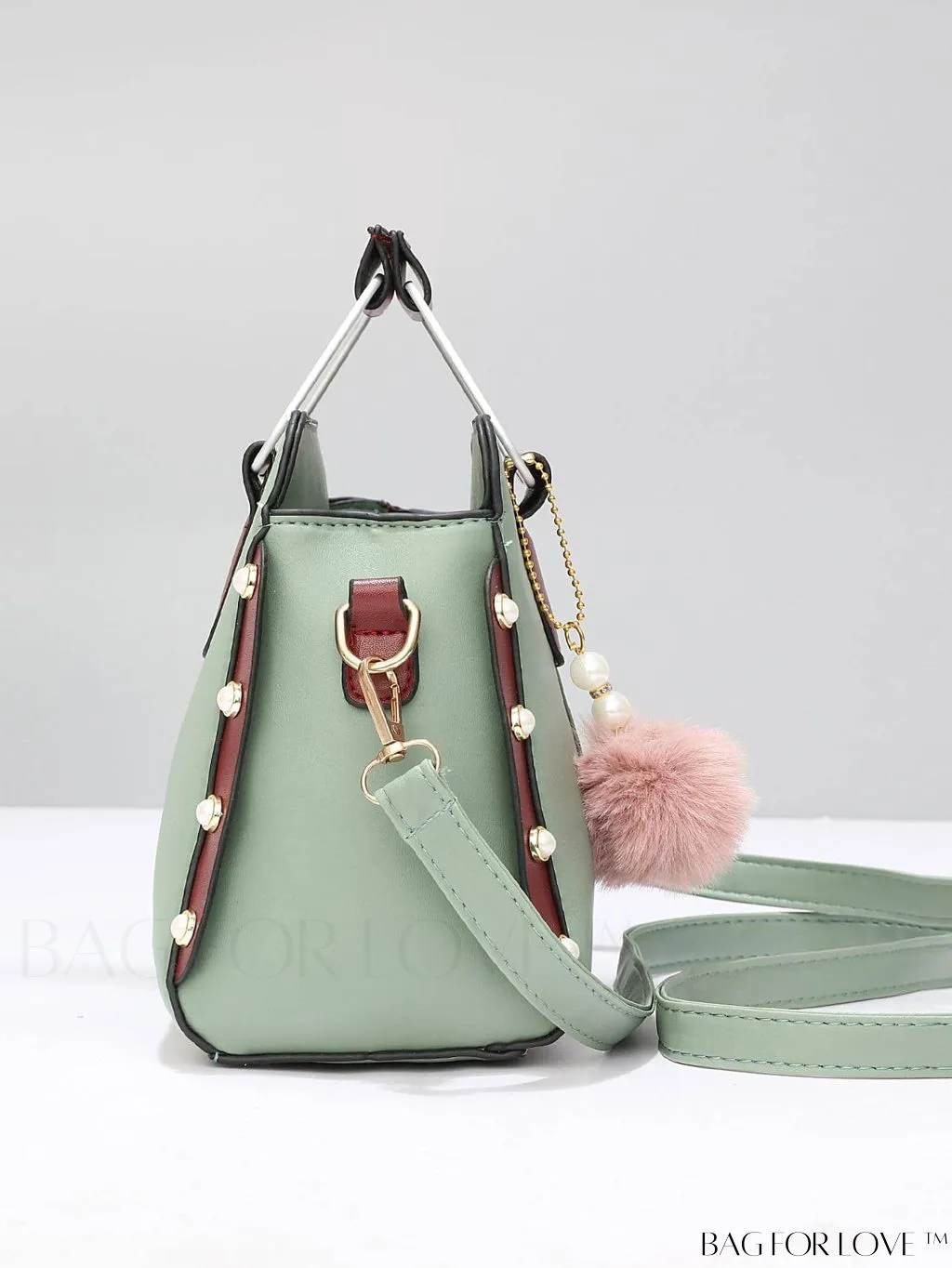 BagForLove - Striped Panel Satchel Bag: Stylish Accessory with Faux Pearl & Pom-pom Decor - Ideal Mothers Day Gift